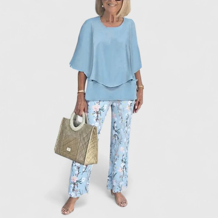 Women's Printed Crew Neck Set - Casual Comfort Top & Pants | Spring - Blue