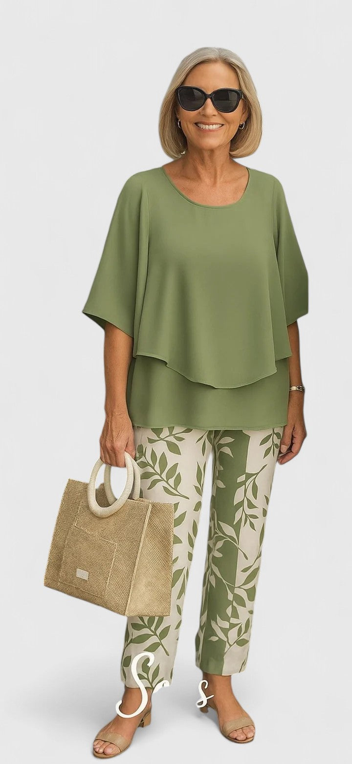 Women's Printed Crew Neck Set - Casual Comfort Top & Pants | Spring