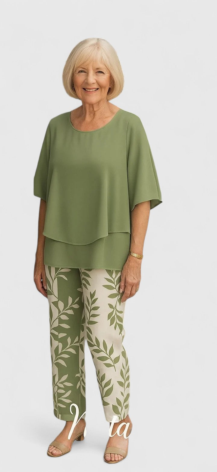 Women's Printed Crew Neck Set - Casual Comfort Top & Pants | Spring