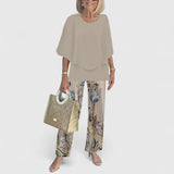 Women's Printed Crew Neck Set - Casual Comfort Top & Pants | Spring - Khaki