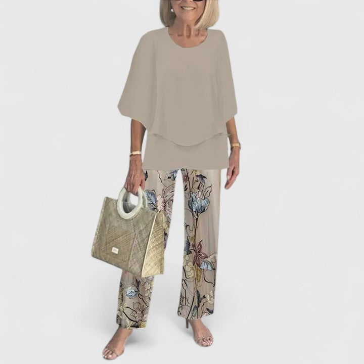 Women's Printed Crew Neck Set - Casual Comfort Top & Pants | Spring - Khaki