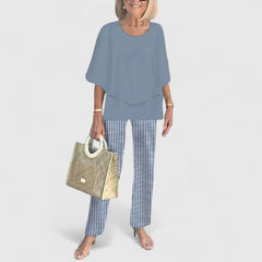 Women's Printed Crew Neck Set - Casual Comfort Top & Pants | Spring - Navy