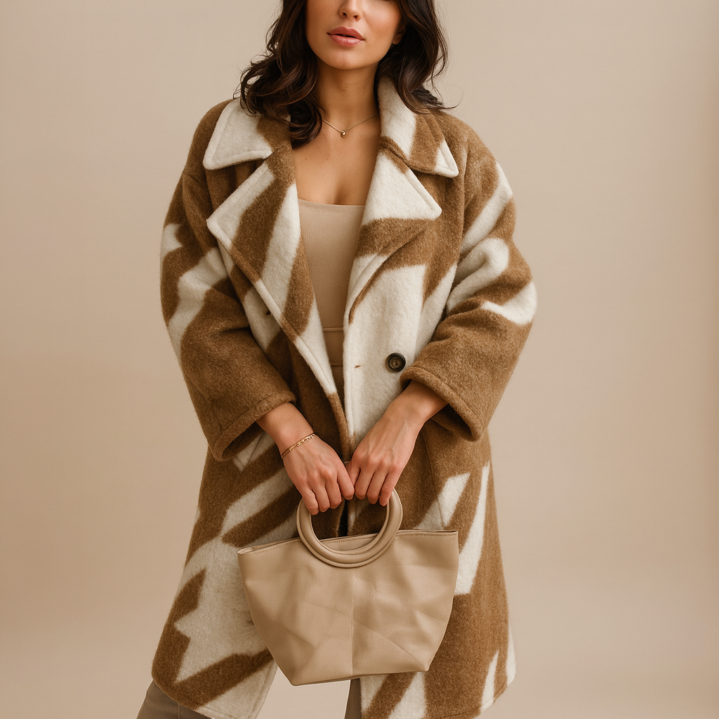 Women's Printed Longline Coat - Oversized Statement Style | Autumn - White/Brown