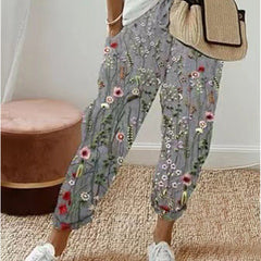 Women's Printed Loose Pants | Elastic Waist Summer - Grey Print