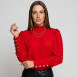 Women's Puff Sleeve Top | Gold Button Details | Winter - Red