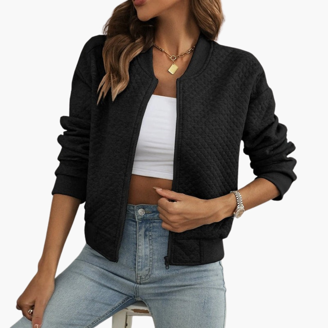 Women's Quilted Bomber | Zip Front | Ribbed Cuffs | Autumn - Black