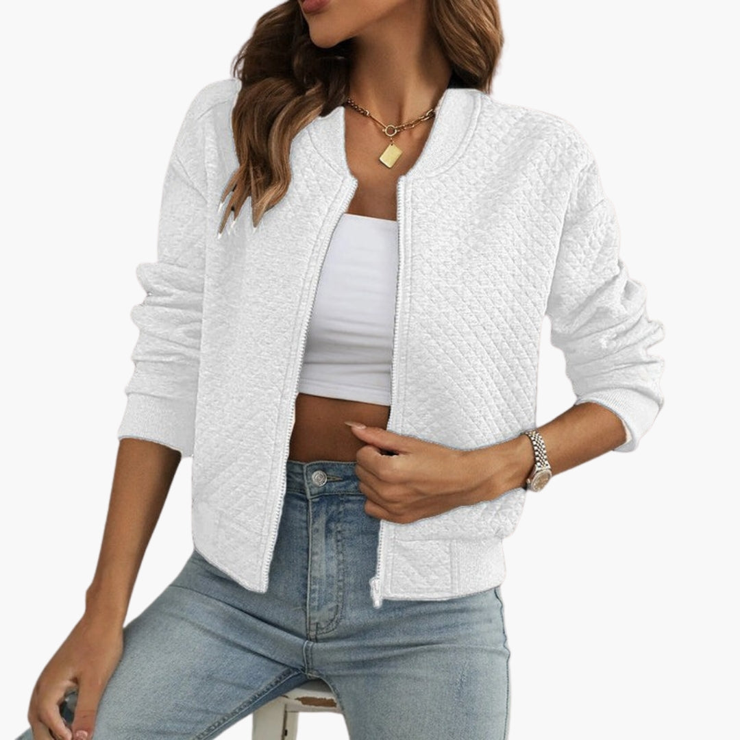Women's Quilted Bomber | Zip Front | Ribbed Cuffs | Autumn - White
