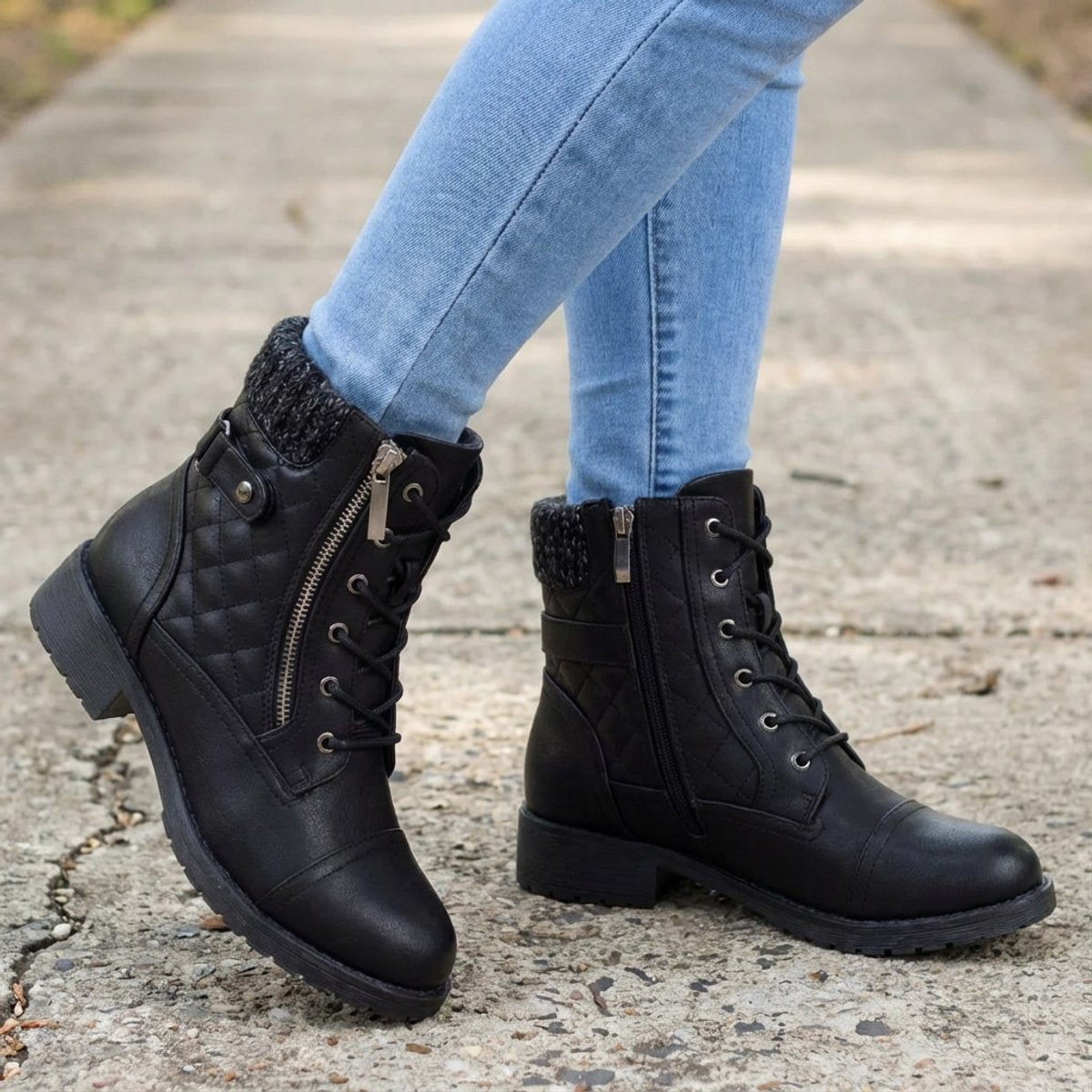 Women's Quilted Faux Leather Lace-Up Ankle Boots - Side Zip | Autumn - Black