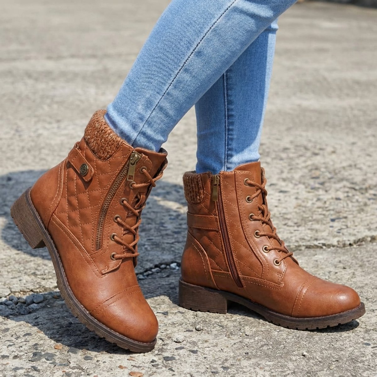 Women's Quilted Faux Leather Lace-Up Ankle Boots - Side Zip | Autumn - Brown