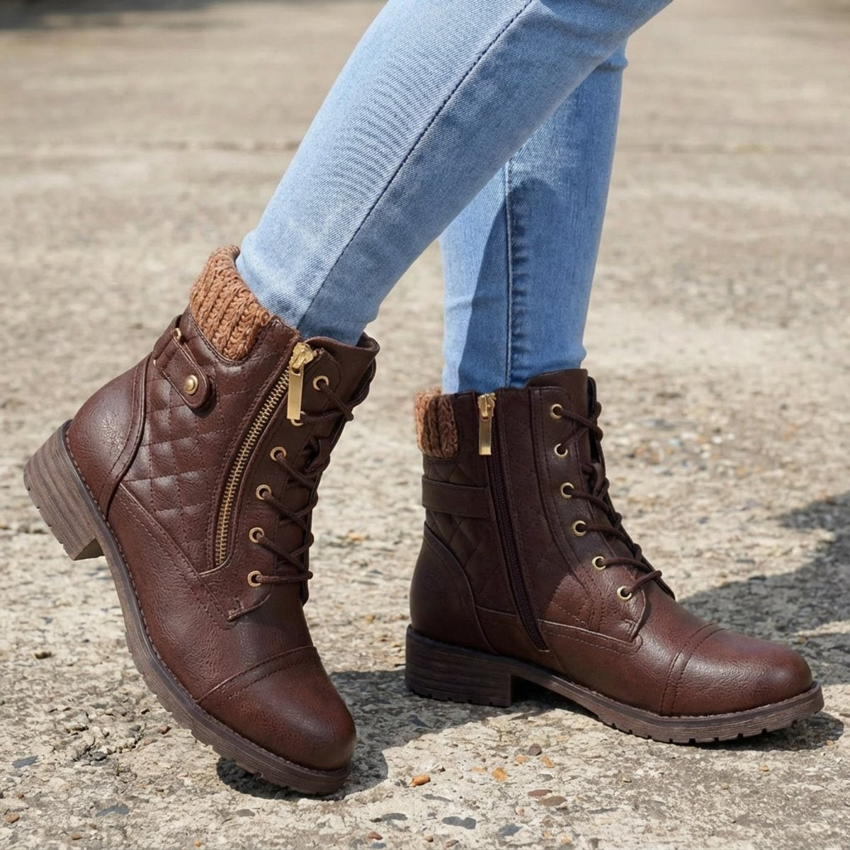 Women's Quilted Faux Leather Lace-Up Ankle Boots - Side Zip | Autumn - Dark Brown