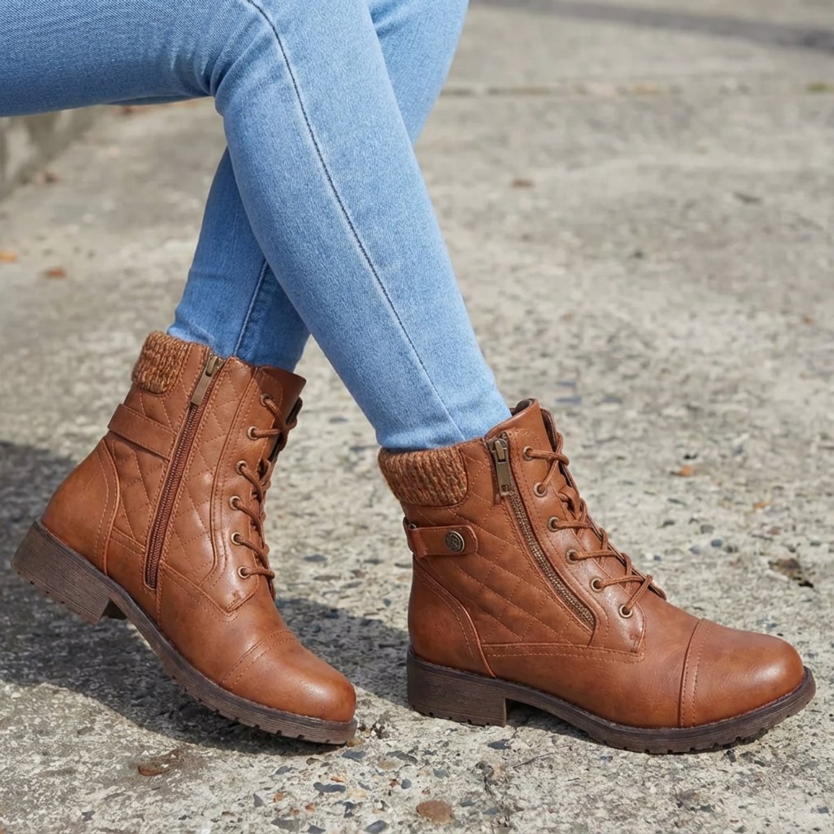 Women's Quilted Faux Leather Lace-Up Ankle Boots - Side Zip | Autumn