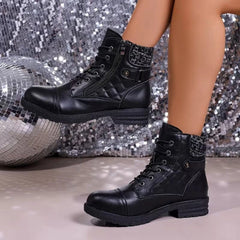 Women's Quilted Faux Leather Lace-Up Ankle Boots - Side Zip | Autumn