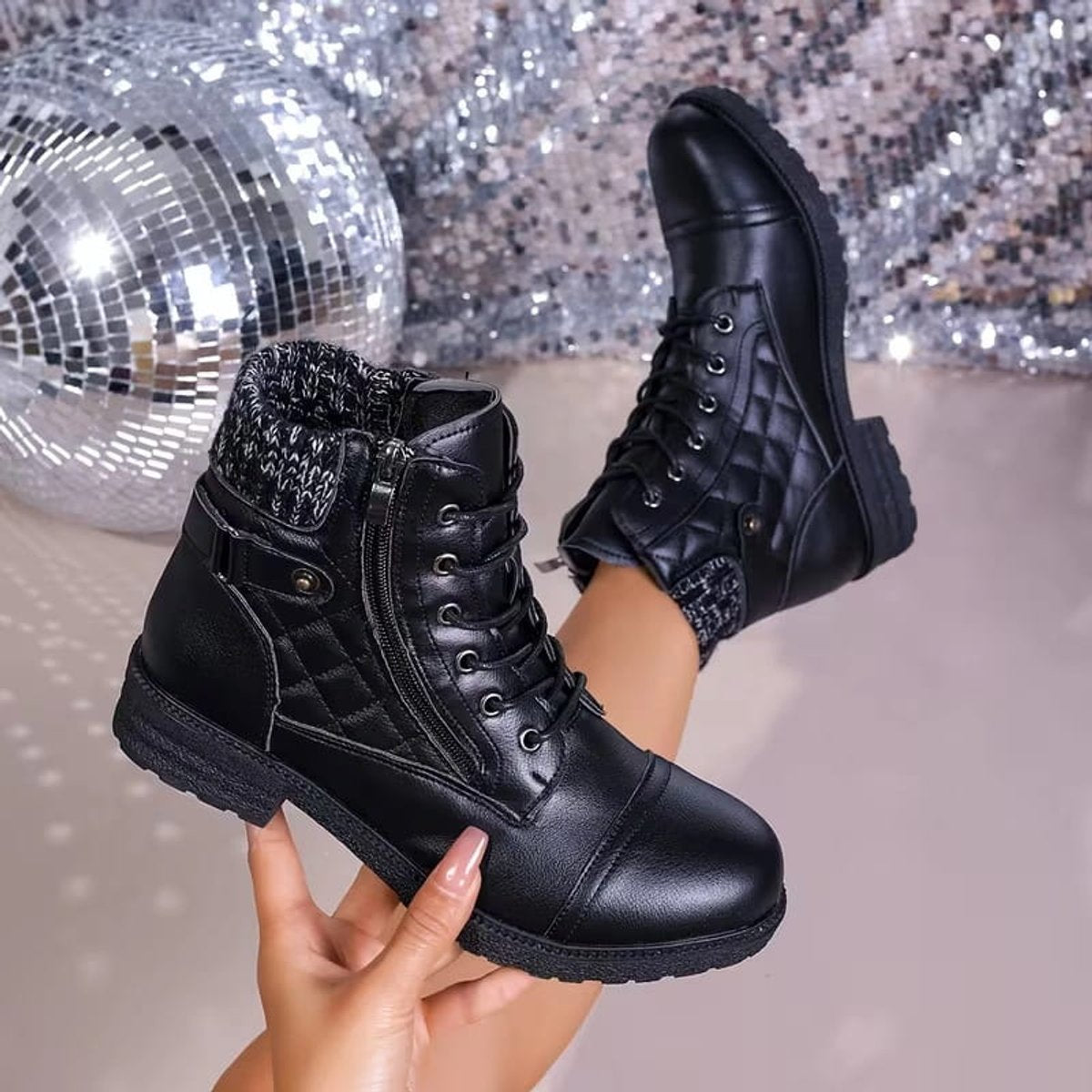 Women's Quilted Faux Leather Lace-Up Ankle Boots - Side Zip | Autumn