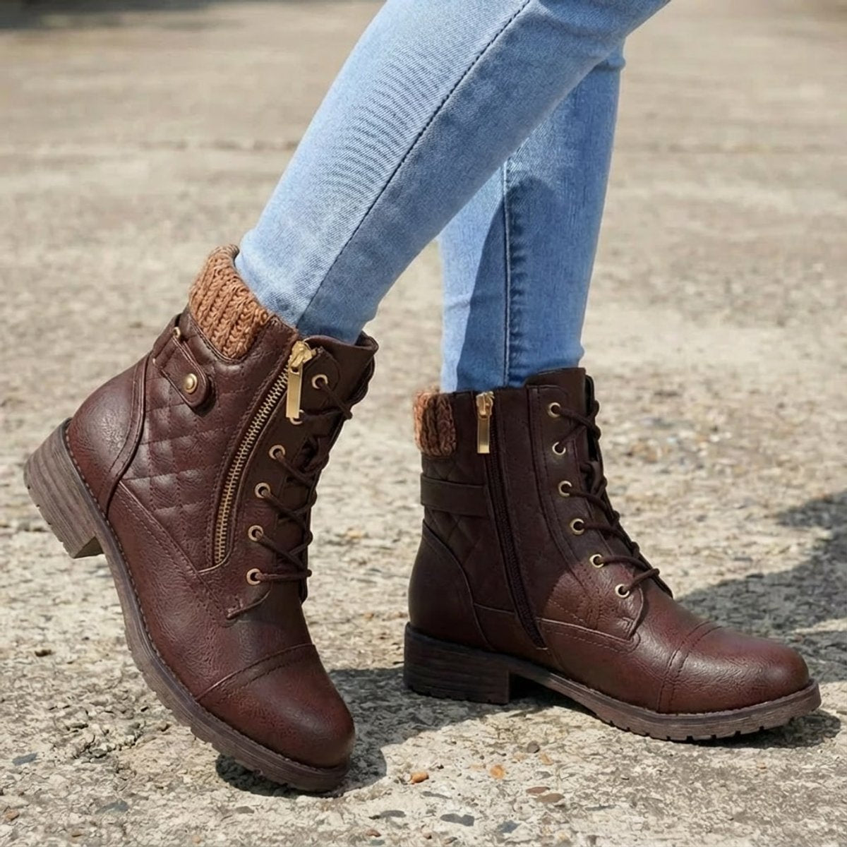 Women's Quilted Faux Leather Lace-Up Ankle Boots - Side Zip | Autumn