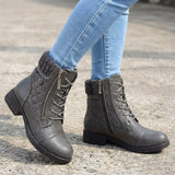 Women's Quilted Faux Leather Lace-Up Ankle Boots - Side Zip | Autumn - Grey