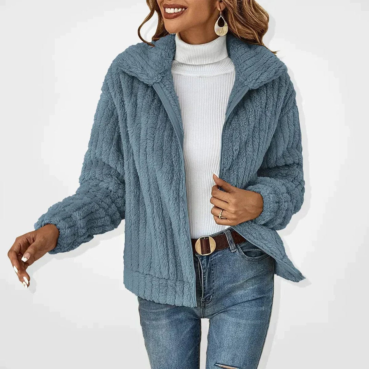 Women's Quilted Fleece Jacket - Relaxed Zip-Up Coat | Autumn - Blue
