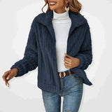 Women's Quilted Fleece Jacket - Relaxed Zip-Up Coat | Autumn - Navy