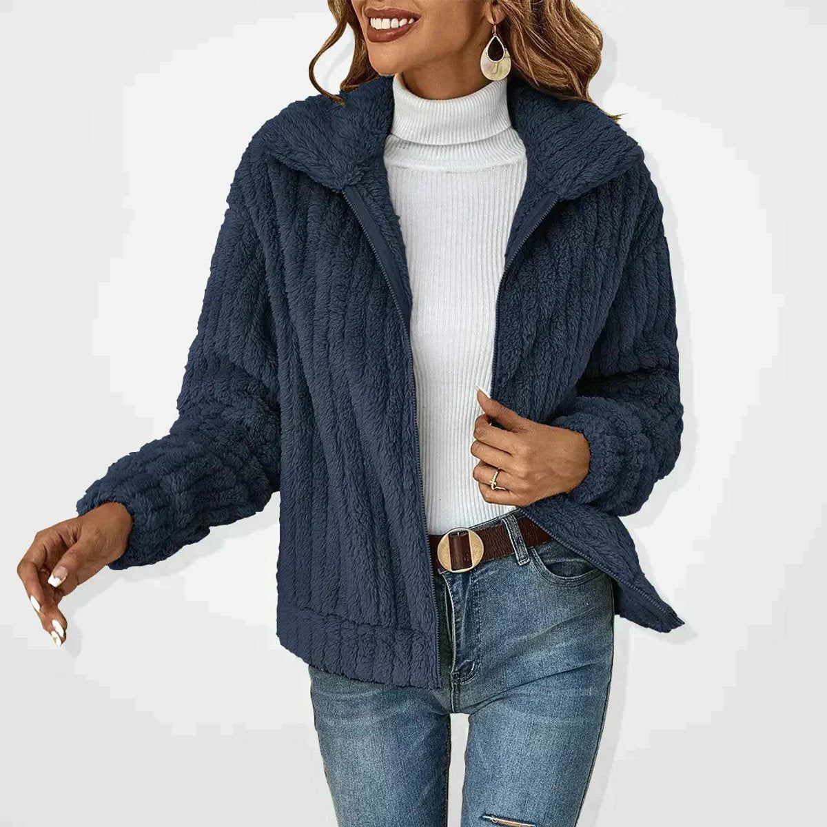 Women's Quilted Fleece Jacket - Relaxed Zip-Up Coat | Autumn - Navy