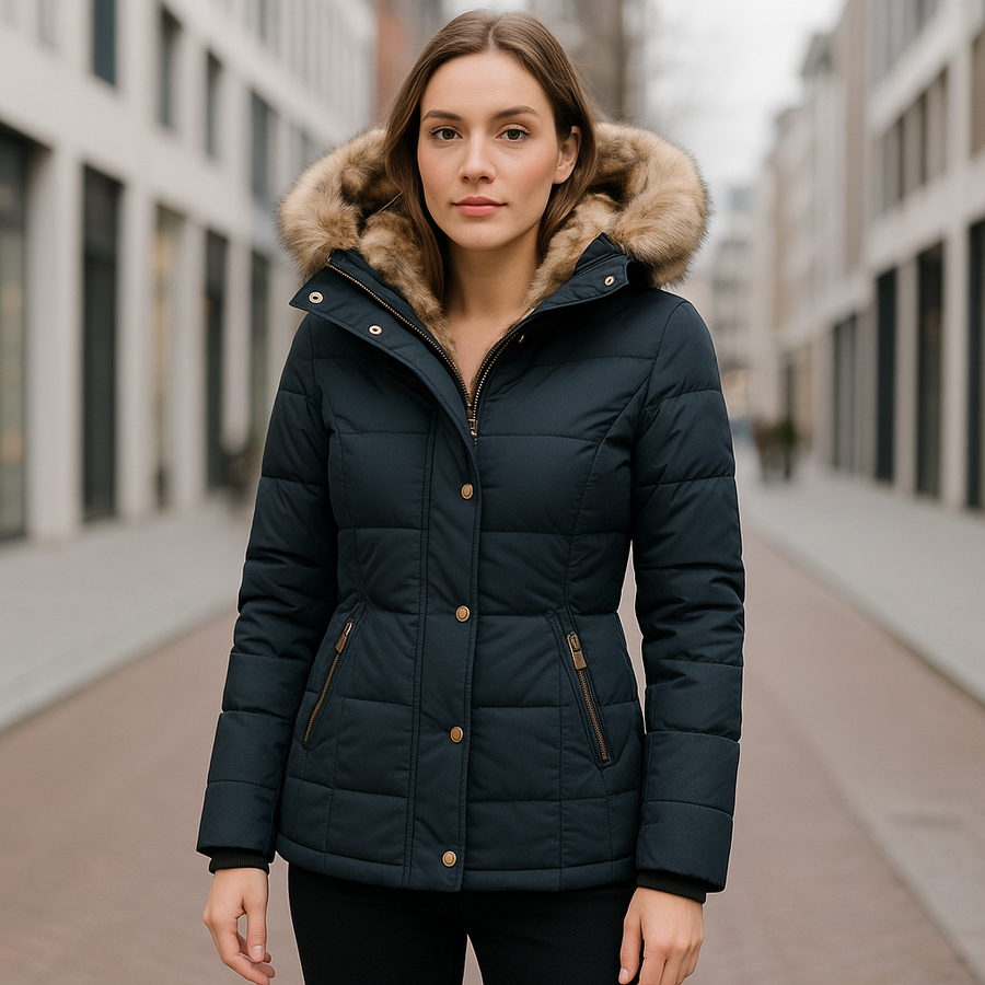 Women's Quilted Winter Jacket with Soft Lining - Warm & Windproof - Navy