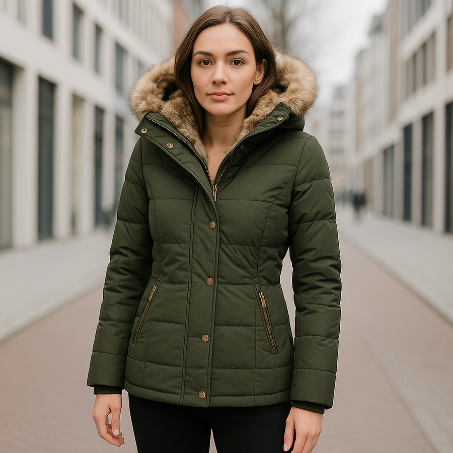 Women's Quilted Winter Jacket with Soft Lining - Warm & Windproof - Olive Green
