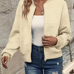Women's Quilted Zip-Up Bomber Jacket - Cropped Textured | Spring - Apricot