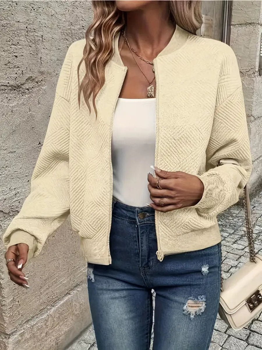 Women's Quilted Zip-Up Bomber Jacket - Cropped Textured | Spring - Apricot