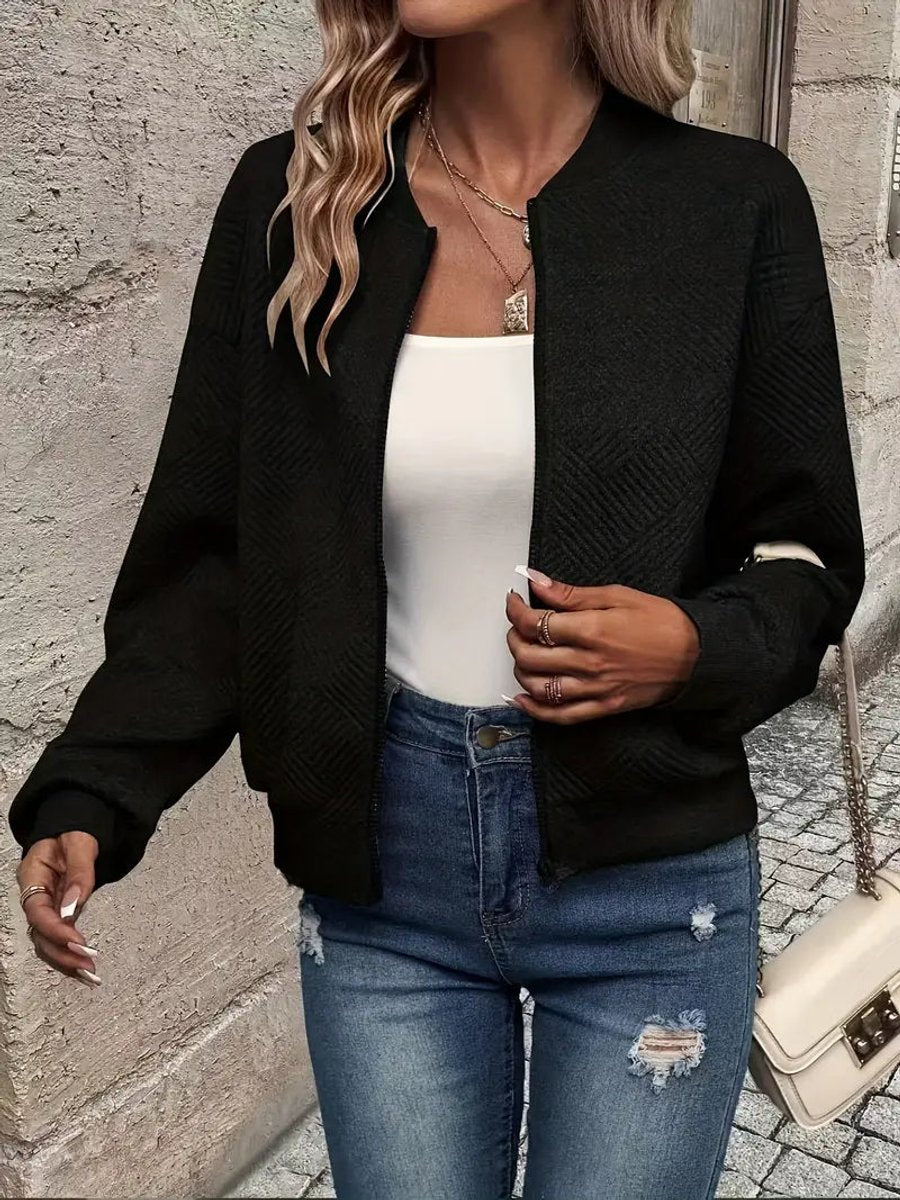 Women's Quilted Zip-Up Bomber Jacket - Cropped Textured | Spring - Black