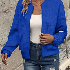 Women's Quilted Zip-Up Bomber Jacket - Cropped Textured | Spring - Blue