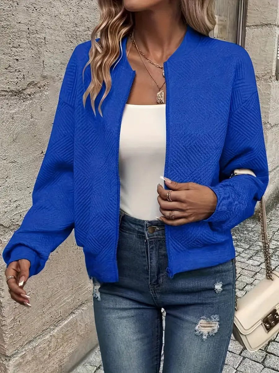 Women's Quilted Zip-Up Bomber Jacket - Cropped Textured | Spring - Blue
