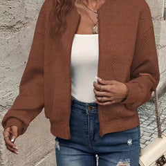 Women's Quilted Zip-Up Bomber Jacket - Cropped Textured | Spring - Brown