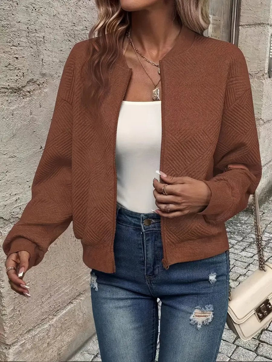 Women's Quilted Zip-Up Bomber Jacket - Cropped Textured | Spring - Brown