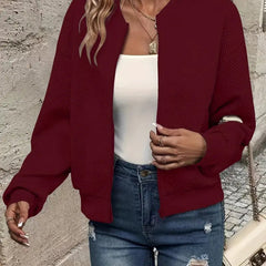 Women's Quilted Zip-Up Bomber Jacket - Cropped Textured | Spring - Burgundy
