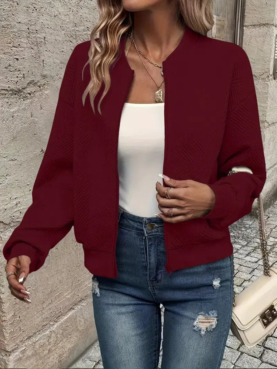 Women's Quilted Zip-Up Bomber Jacket - Cropped Textured | Spring - Burgundy