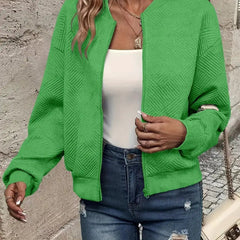 Women's Quilted Zip-Up Bomber Jacket - Cropped Textured | Spring - Green