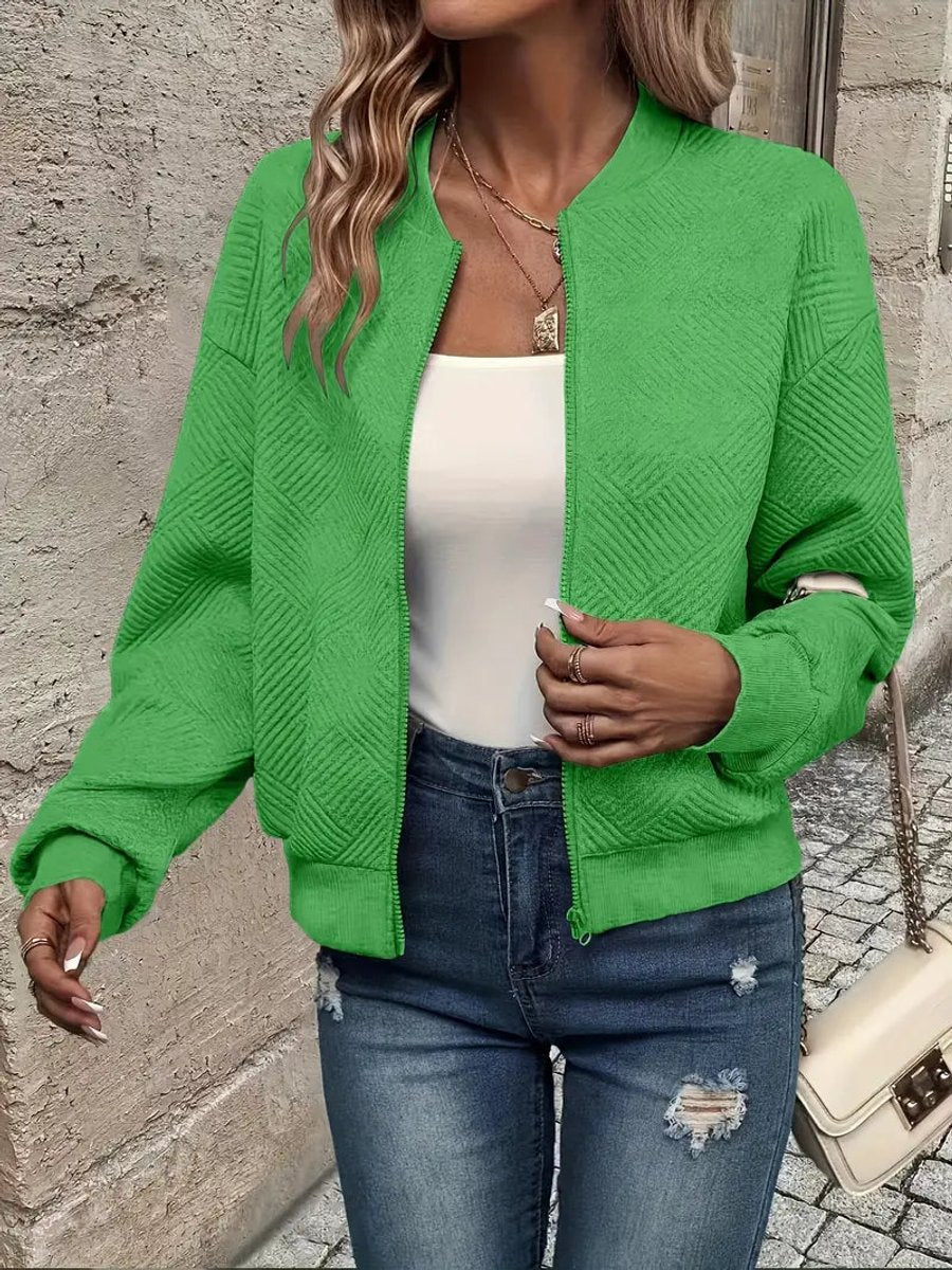 Women's Quilted Zip-Up Bomber Jacket - Cropped Textured | Spring - Green