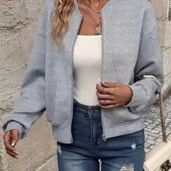 Women's Quilted Zip-Up Bomber Jacket - Cropped Textured | Spring - Grey