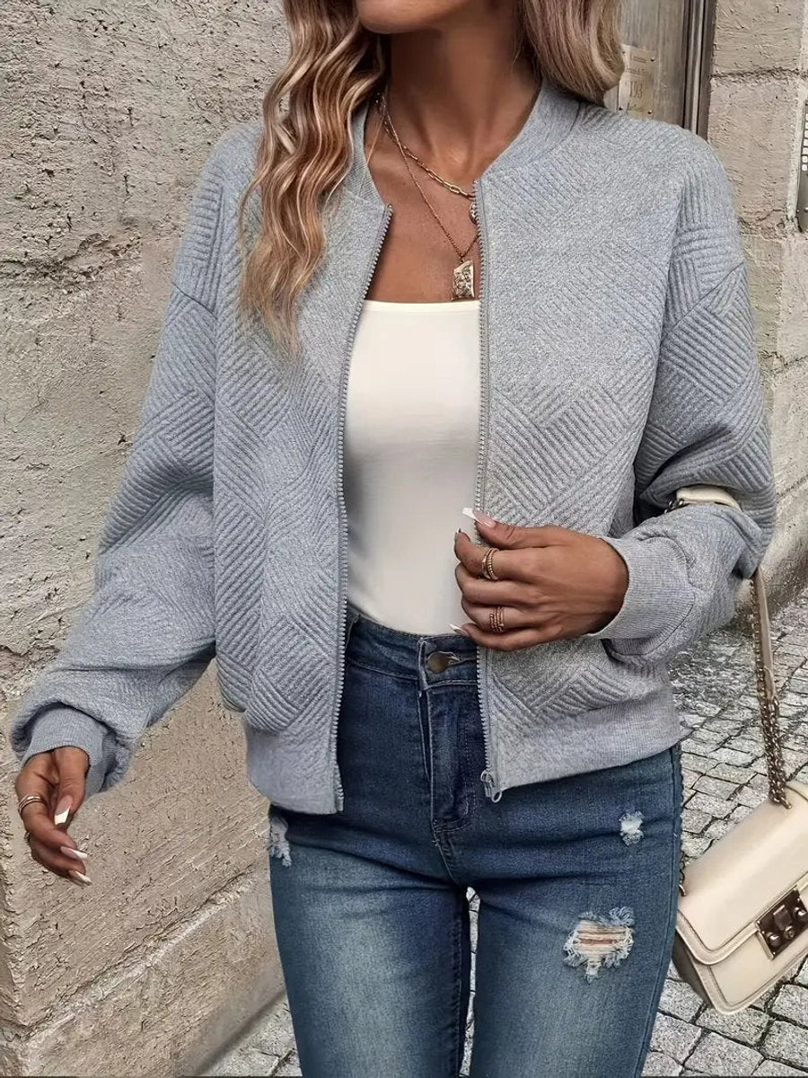 Women's Quilted Zip-Up Bomber Jacket - Cropped Textured | Spring - Grey