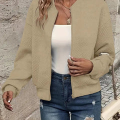 Women's Quilted Zip-Up Bomber Jacket - Cropped Textured | Spring - Khaki