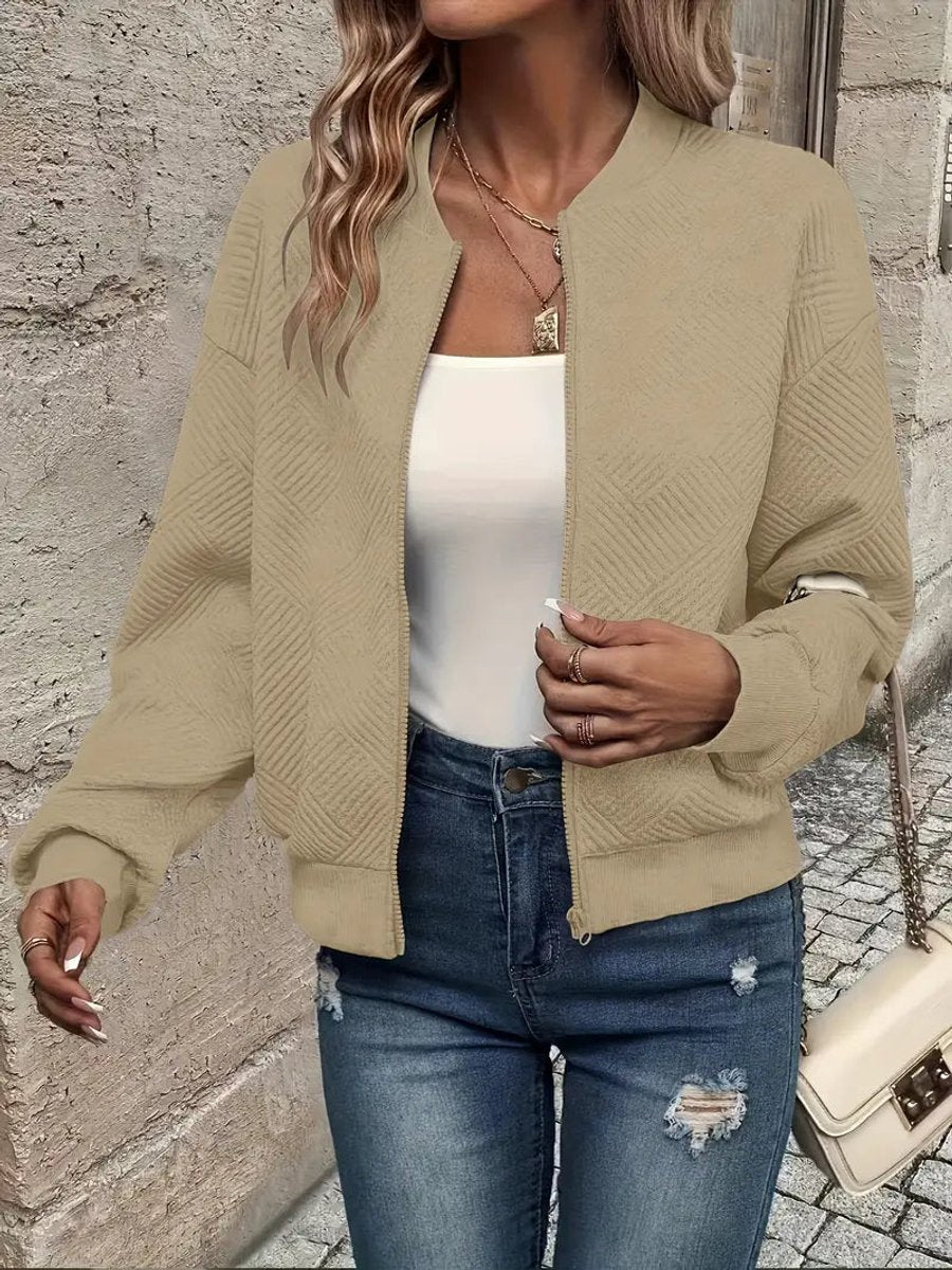 Women's Quilted Zip-Up Bomber Jacket - Cropped Textured | Spring - Khaki