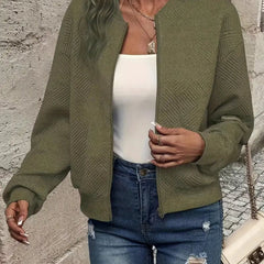 Women's Quilted Zip-Up Bomber Jacket - Cropped Textured | Spring - Olive