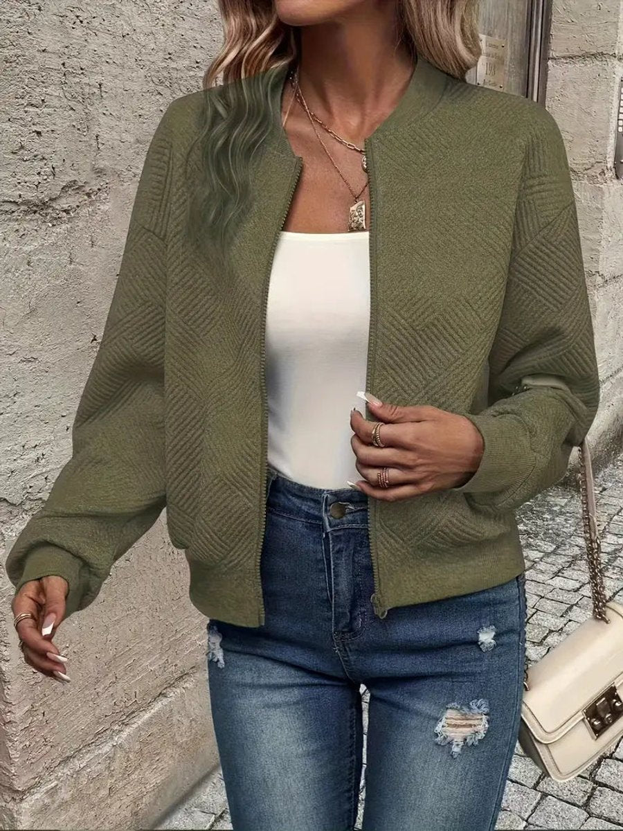 Women's Quilted Zip-Up Bomber Jacket - Cropped Textured | Spring - Olive