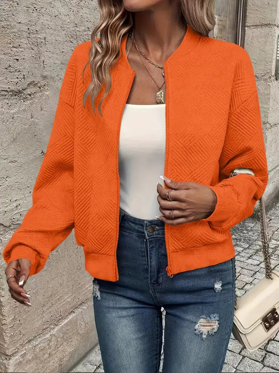 Women's Quilted Zip-Up Bomber Jacket - Cropped Textured | Spring - Orange