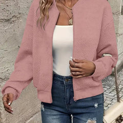 Women's Quilted Zip-Up Bomber Jacket - Cropped Textured | Spring - Pink