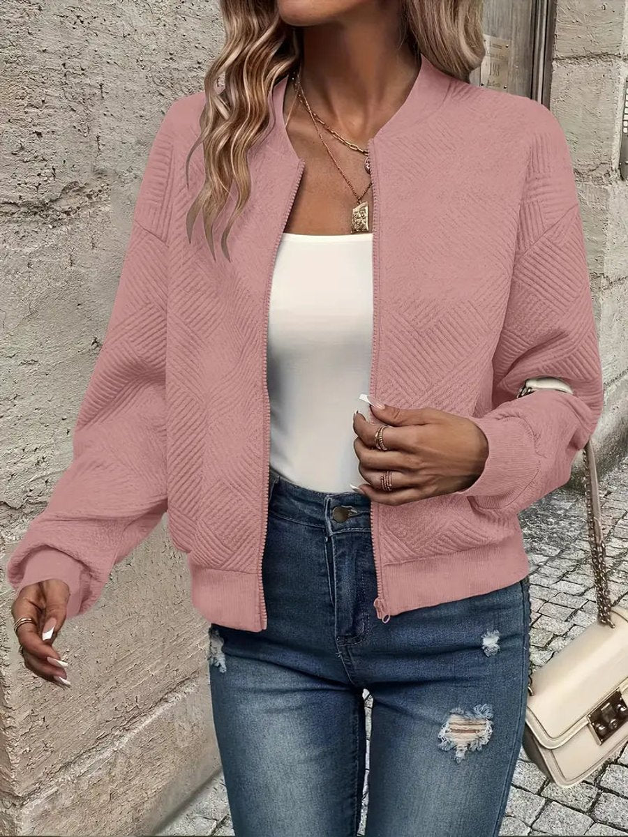 Women's Quilted Zip-Up Bomber Jacket - Cropped Textured | Spring - Pink