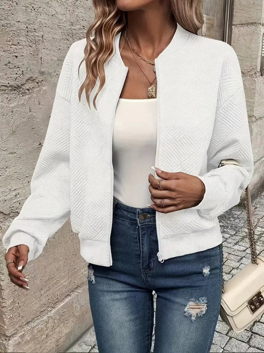 Women's Quilted Zip-Up Bomber Jacket - Cropped Textured | Spring - White