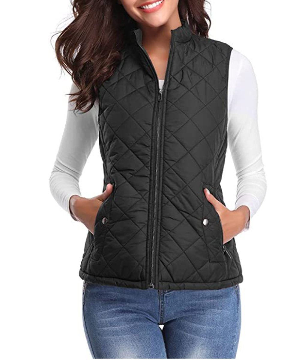 Women's Quilted Zip-Up Puffer Vest Stand Collar | Autumn - Black