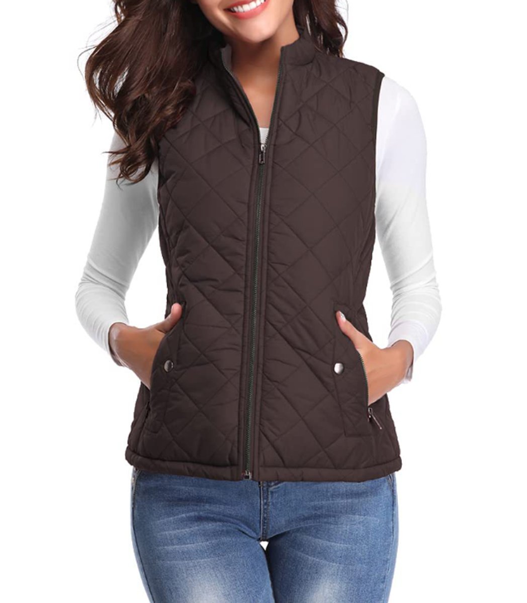 Women's Quilted Zip-Up Puffer Vest Stand Collar | Autumn - Brown