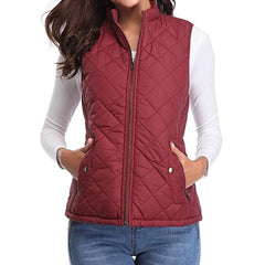 Women's Quilted Zip-Up Puffer Vest Stand Collar | Autumn - Burgundy