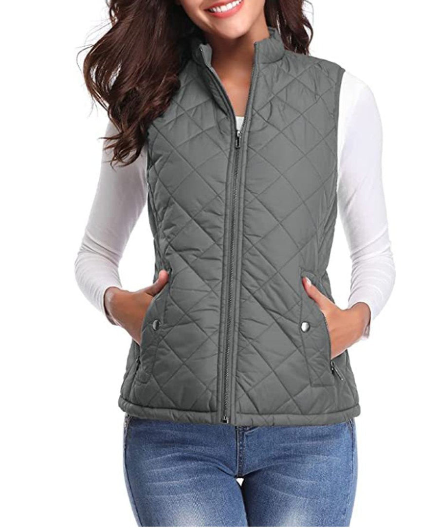 Women's Quilted Zip-Up Puffer Vest Stand Collar | Autumn - Grey