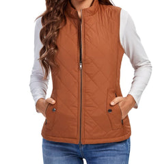 Women's Quilted Zip-Up Puffer Vest Stand Collar | Autumn - Khaki
